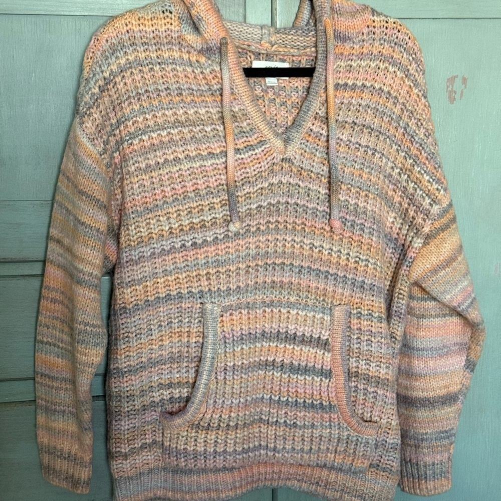 Aerie Pastel Striped V-Neck Chunky Knit Hooded Sweater Size Small Oversized